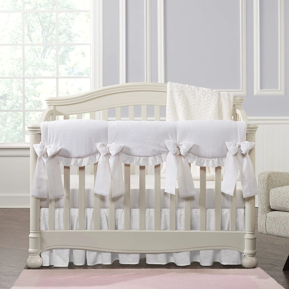 White 8-pc. Crib Bedding Set (Scalloped Rail Cover, Gathered Skirt) 3 White 8-pc. Crib Bedding Set (Scalloped Rail Cover, Gathered Skirt)