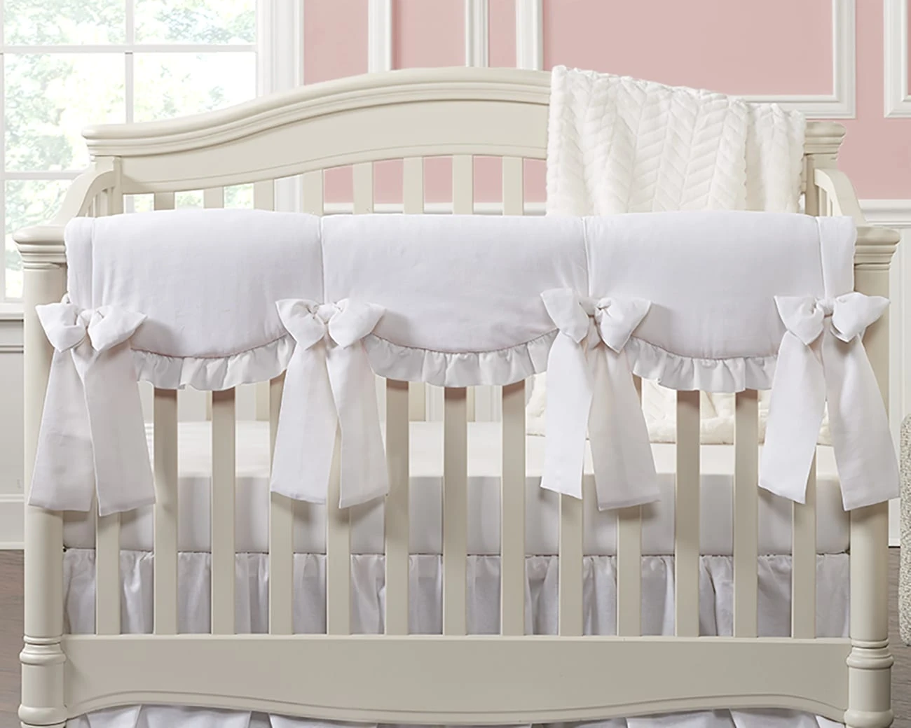 White 8-pc. Crib Bedding Set (Scalloped Rail Cover, Gathered Skirt) 4 White 8-pc. Crib Bedding Set (Scalloped Rail Cover, Gathered Skirt) - Image 2