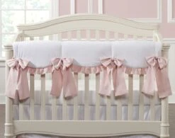 Pre-Order: White Scalloped Rail Cover With Pink Ruffle + 4 Pink Linen Bows