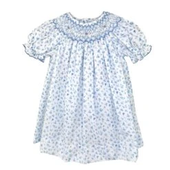 Bishop Smocked Blue Floral Short Sleeve Dress