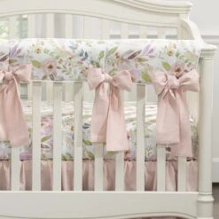Blush Watercolor Floral Crib Rail Cover With 4 Pre-Tied Oversized Bows