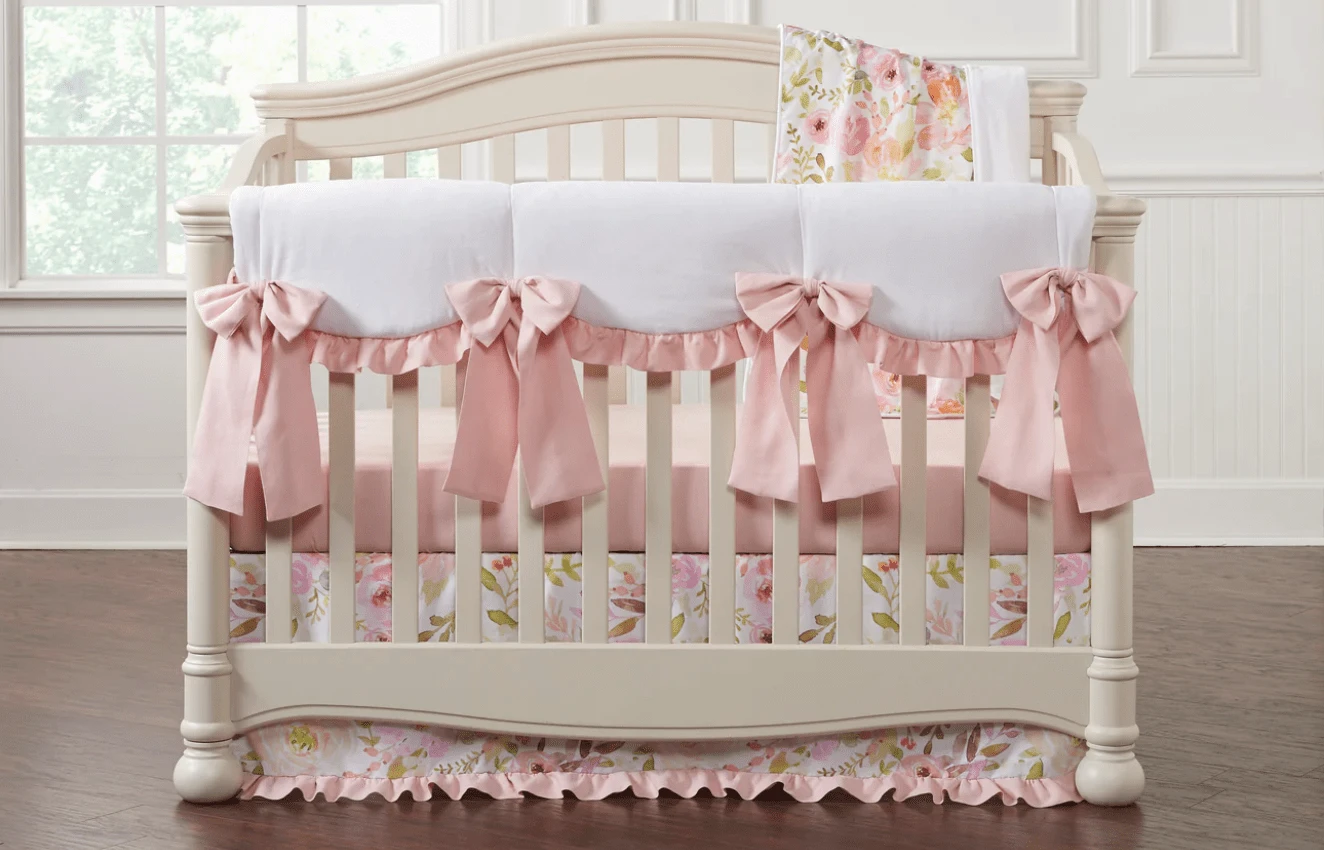 Crib Skirt In Blush Watercolor Floral With Petal Pink Ruffle 3 Crib Skirt In Blush Watercolor Floral With Petal Pink Ruffle