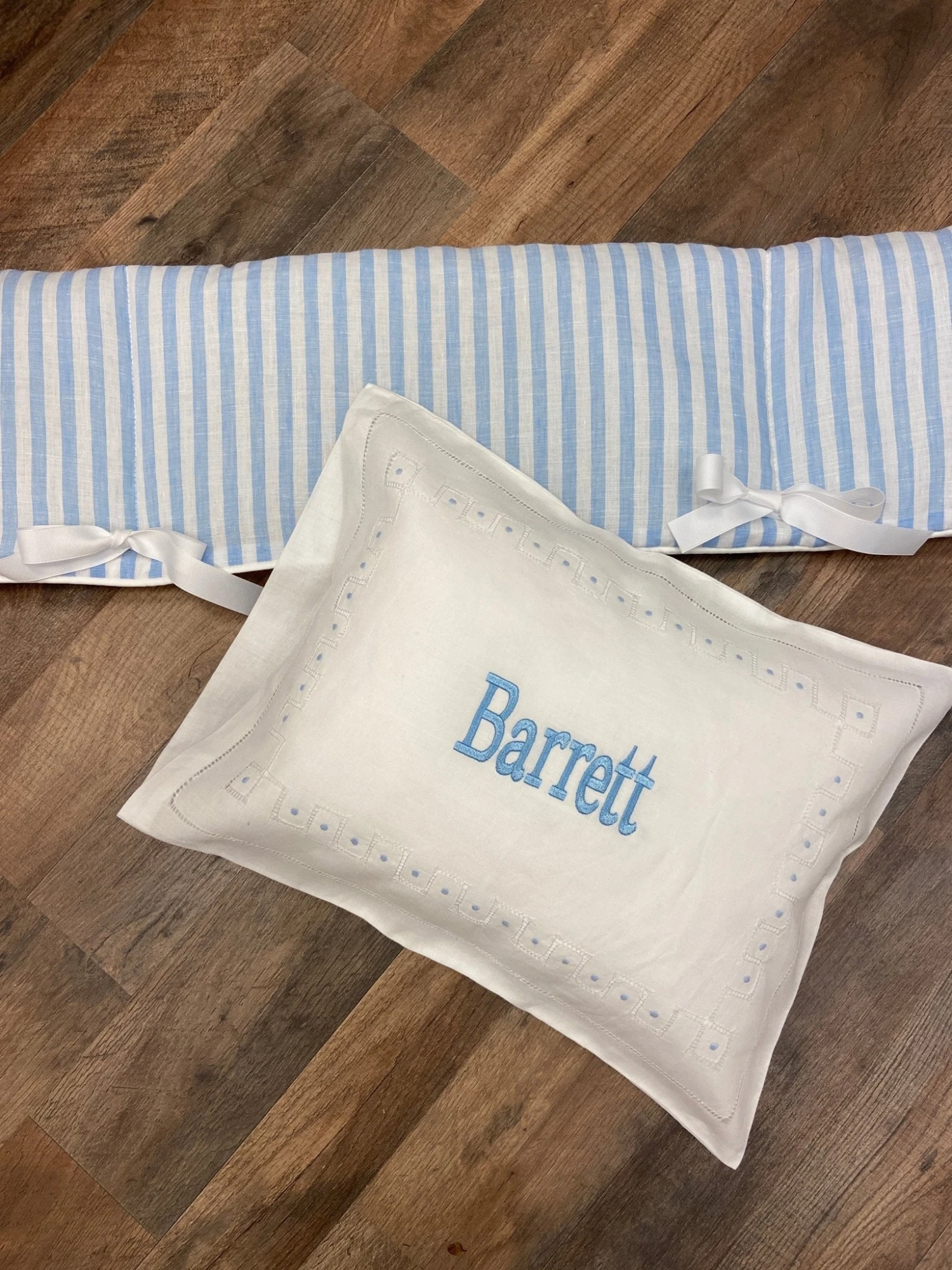 Light Blue Limerick Linen Crib Rail Cover With "William" Monogram 4 Light Blue Limerick Linen Crib Rail Cover With "William" Monogram - Image 2