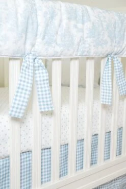 Light Blue Toile Crib Rail Cover With Gingham Ties