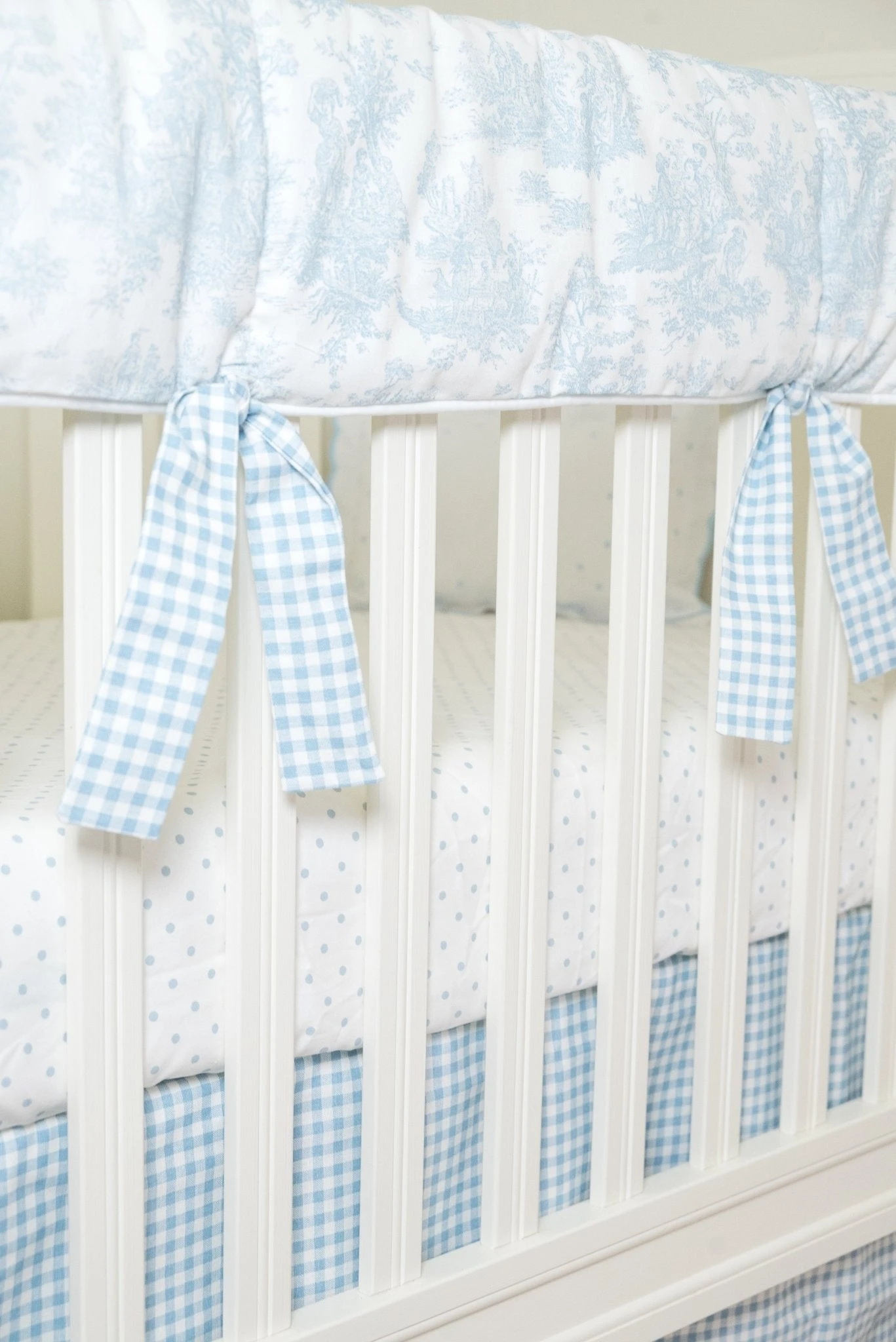 Light Blue Toile Crib Rail Cover With Gingham Ties 3 Light Blue Toile Crib Rail Cover With Gingham Ties