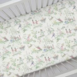 Nursery Rhyme Toile Gathered Crib Skirt 17" Drop 9 Nursery Rhyme Toile Gathered Crib Skirt 17" Drop -Liz and Roo nursery rhyme toile gathered crib skirt 708140