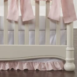 White Crib Skirt With Petal Pink Linen Ruffle 19" Drop