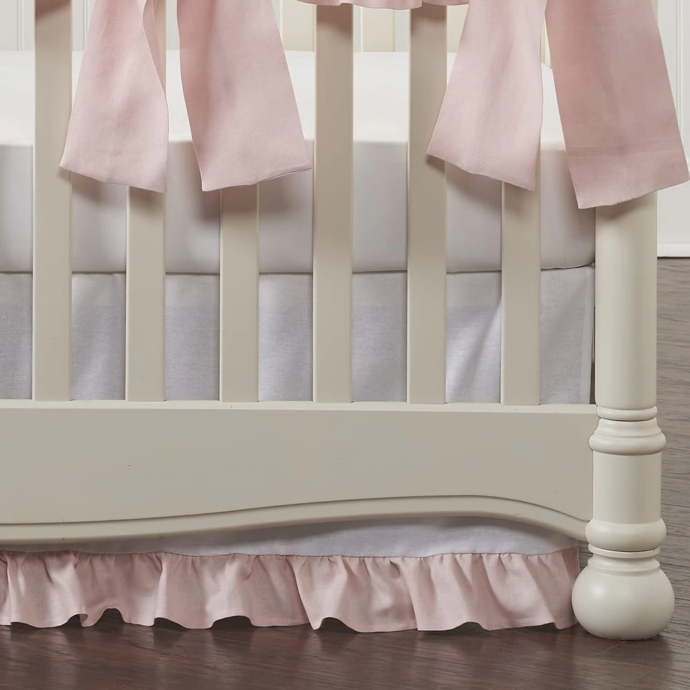 White Crib Skirt With Petal Pink Linen Ruffle 19" Drop 3 White Crib Skirt With Petal Pink Linen Ruffle 19" Drop