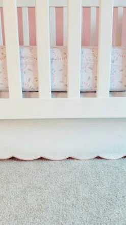 White Scalloped Crib Skirt Panel With Pink Trim