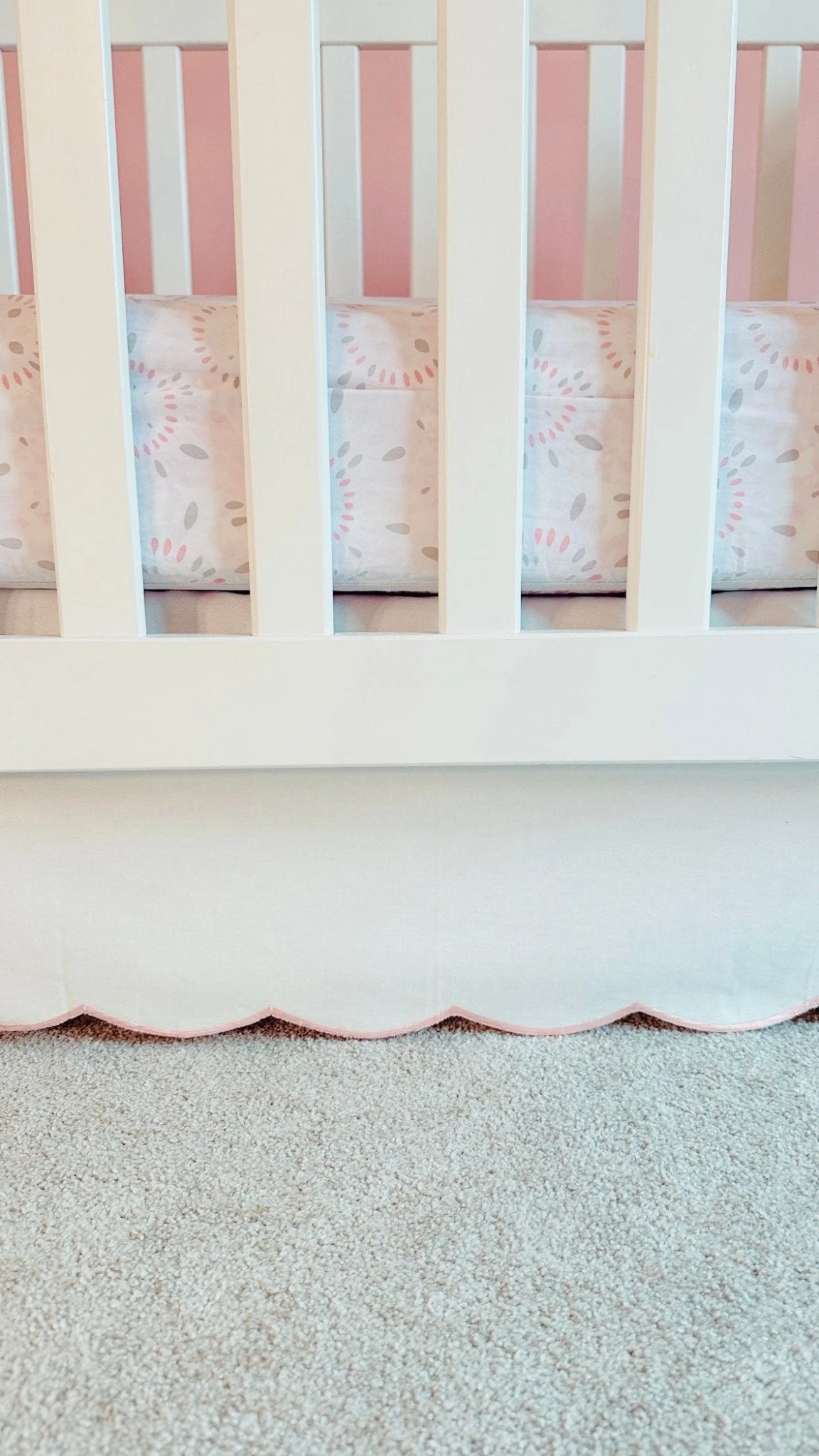 White Scalloped Crib Skirt Panel With Pink Trim 3 White Scalloped Crib Skirt Panel With Pink Trim